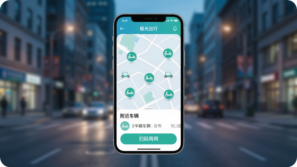 �������App������չʾ������������һ�������ֻ�����Ļ����ʾ�������App�ĵ�ͼ��ҳ����ͼ�Ϸֲ��Ŷ����ɫ�綯��ͼ�꣬�ײ���ɨ���ó���ť�͸��������б���������ɫ�Լ������Ͱ�ɫΪ�������������£�������ģ���ĳ��нֵ�������ִ���ƽ����ϸ��Բ�󣬻��ʸɾ����޶���Ԫ��