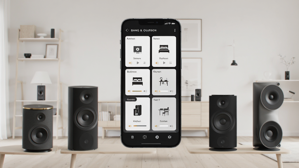 Bang & Olufsen �෿����Ƶ���ƽ��棬һ���ֻ������ڿ��У���Ļ��ʾ������俨Ƭ������ͼ�꣬�п��������ҡ������ȱ�ǩ��ÿ����Ƭ���ж������������ֻ���Χ�����ż�̨��ͬ�ͺŵ�B&O���䣬�����Ǽ�Լ�ı�ŷ������ڳ�����������ͣ����ʸɾ����޶���Ԫ��