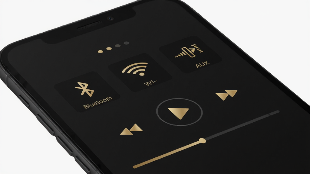 Bang & Olufsen ��Դ�л��벥�ſ��ƽ��棬�ֻ���Ļ��д����ʾ������Wi-Fi��AUX������Դͼ��������У��·��ǲ��ſ��ư�ť�ͽ����������������ɫ�������ɫ��׺�����߶˼�࣬�����������޶���Ԫ��