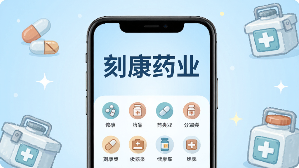 �̿�ҩҵApp������չʾ���ֻ���Ļ������ʾ���̿�ҩҵ���ĸ����֣��·��������ҩƷ����ͼ�꣬�����Ǹɾ���ǳ��ɫ���䣬��Χ��ҩ���ҩ��Ŀ�ͨԪ�ص�׺����������ˬ��࣬���ʸɾ��������޶�������Ԫ��