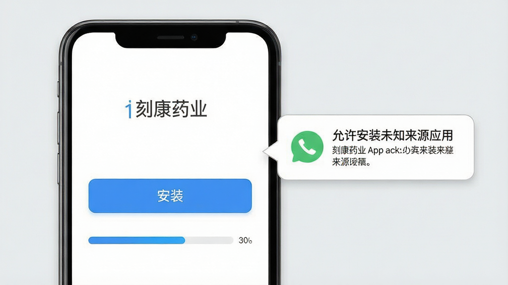 �̿�ҩҵApp��װ����ʾ��ͼ���ֻ���Ļ��ʾ����װ����ť�ͽ��������Ա��С�������װδ֪��ԴӦ�á�����ʾ���ݣ�����Ϊǳ��ɫ����������ˣ����������ɾ�
