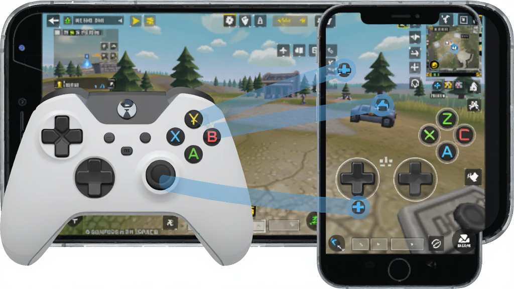 һ��չʾGamepad Spaceȫ�����Զ���ӳ�书�ܵĽ����ͼ���廭������������һ����Ϸ�ֱ����ֻ���Ļ֮���ӳ������ʾ��ͼ����Ļ����ʾ�ųԼ�����Ϸ�İ������֣��ֱ�����ͨ����͸������ɫ�������ӵ���Ļ�ϵĶ�Ӧ���ص㣬��������������ƽ���Ƽ��У�ϸ�ڰ����������ҡ�ˡ�ABXY��ťͼ�꣬���ʸɾ����壬�޶���Ԫ��