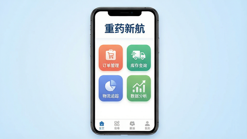 ��ҩ�º� �ֻ�Ӧ��������չʾͼ������������һ���ִ������ֻ�����Ļ����ʾ��ҩ�º�APP����ҳ����������Ŀ�ġ���ҩ�º������ֱ�ʶ���м����������Ŷ�������������ѯ������׷�١����ݷ����Ȳ�ɫ����ͼ�꣬�ײ������������ɼ�������Ϊ�ɾ���ǳ��ɫ���䣬�������������ִ���ƽ����ͼ��Բ���£����ʸɾ��������޶���װ��Ԫ��