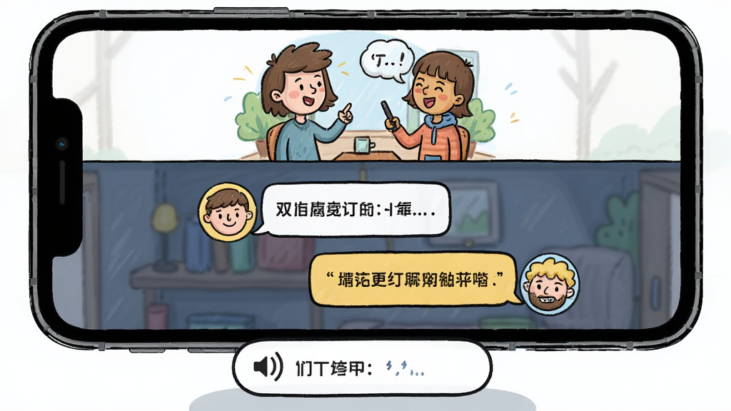 双英口语 场景对话练习界面 主体是手机屏幕 布局是上方显示对话场景插画 中间是对话气泡 下方是语音输入按钮 风格是卡通手绘风格 细节包括不同角色的头像和对话文字 画质高清 干净 无多余元素