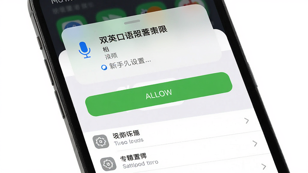 双英口语 新手操作指引 主体是手机屏幕显示权限设置界面 布局是上方是麦克风权限弹窗 中间是允许按钮高亮 下方是设置选项列表 风格是系统设置界面风格 细节包括清晰的图标和文字说明 画质高清 干净 无多余元素