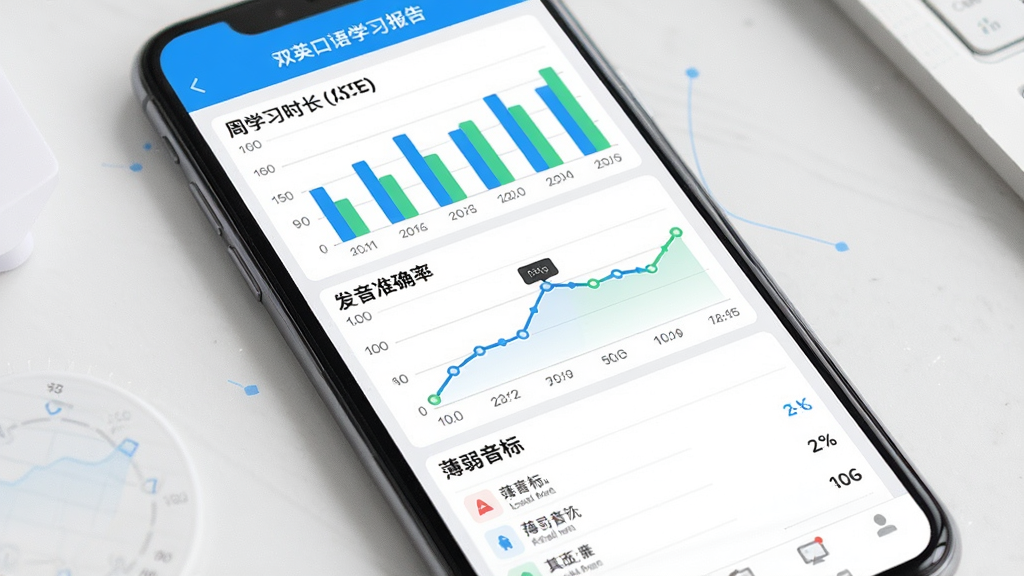 双英口语 学习报告界面 主体是手机屏幕显示数据图表 布局是上方是周学习时长柱状图 中间是发音准确率折线图 下方是薄弱音标列表 风格是数据可视化风格 细节包括蓝色和绿色的图表配色 画质高清 干净 无多余元素