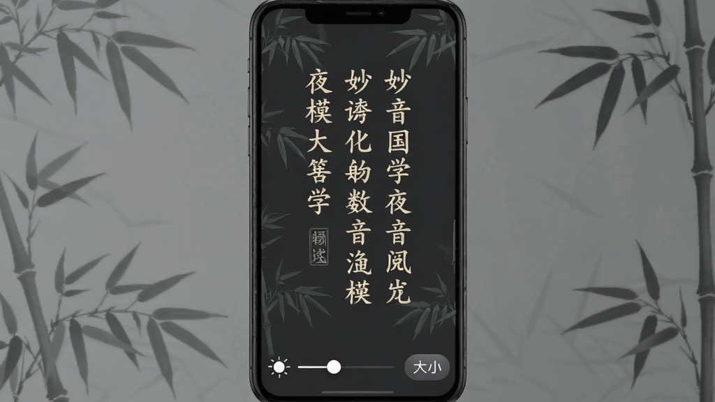 妙音国学 夜间模式阅读界面 手机屏幕显示深灰色背景上排列着竖排古文 文字为米白色 屏幕底部有亮度调节滑块和字体大小按钮 界面四周有淡淡的竹叶暗纹装饰 风格安静沉稳 排版简洁 画质清晰 无多余元素