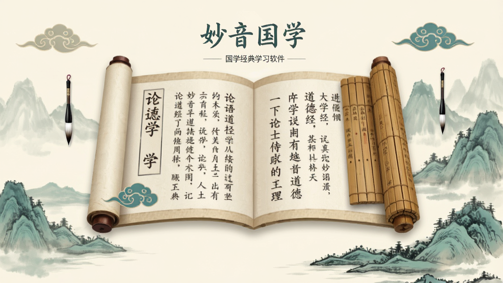 妙音国学 一款国学经典学习软件 画面中央是古风书卷展开 书卷上显示论语道德经等经典篇目 周围环绕淡雅的水墨山水元素 整体色调为米白与青绿 布局上软件界面截图悬浮于书卷上方 排版采用居中对称构图 风格为中国风极简设计 细节包括毛笔 竹简 祥云纹样点缀 画质干净清晰 无多余元素