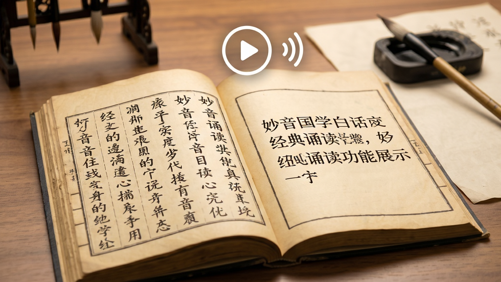 妙音国学 经典诵读功能展示 画面主体是一本展开的古书 书页左侧显示文言原文 右侧显示白话译文 书页上方悬浮一个播放按钮和声波图标 背景是虚化的书房场景 有笔墨纸砚点缀 风格写实柔和 色调暖黄 细节清晰 画质干净 无多余元素