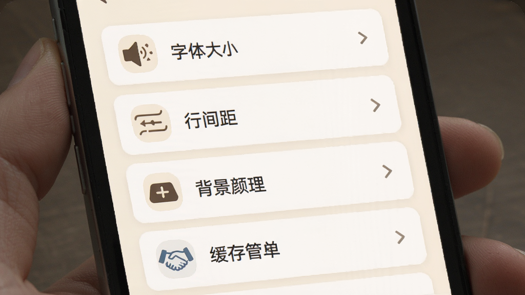 妙音国学 操作引导界面 手机屏幕显示设置菜单列表 包含字体大小 行间距 背景颜色 缓存管理 等选项 每个选项旁边有图标示意 界面风格为浅色卡片式设计 排版整齐 色调柔和 画质干净 无多余元素