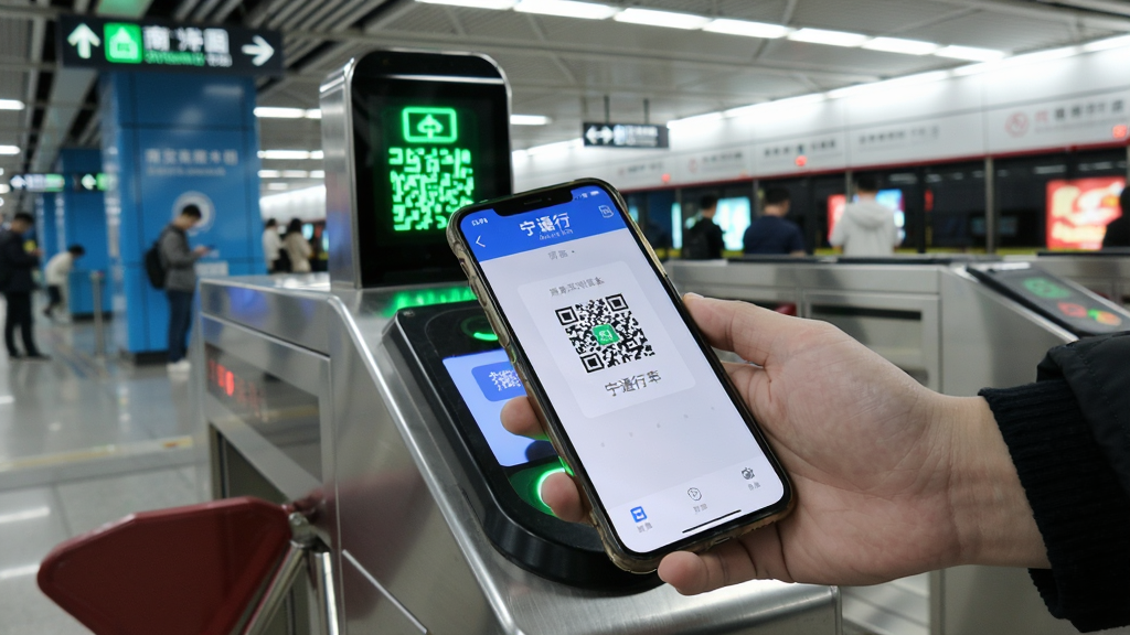 һ����ͨ��App�˳��빦��ʹ�ó���ͼ��������һֻ�������ֻ���������բ�����ֻ���Ļ��ʾ��ͨ�г˳���ά�룬�������Ͼ�����վ�ڻ�����բ���Ϸ�����ɫͨ��ָʾ�ƣ���ɫ��Ϊ��ɫ���ɫ�����дʵ�����ϸ�����������ʸɾ��޶���Ԫ�ء�