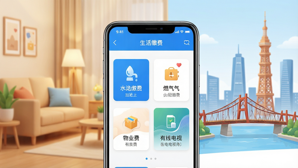 һ����ͨ��App����ɷ������������չʾͼ�������������ֻ���Ļ����Ļ����ʾ��ͨ��App�ġ�����ɷѡ�ҳ�棬ҳ������ˮ��ȼ������ҵ�ѡ����ߵ��ӵȽɷ����ͼ�꣬��������ܰ�ļҾӻ������Ͼ�����Ԫ�ؽ�ϣ���ɫ��Ϊ��ɫ���ɫ����������죬���ʸɾ��޶���Ԫ�ء�
