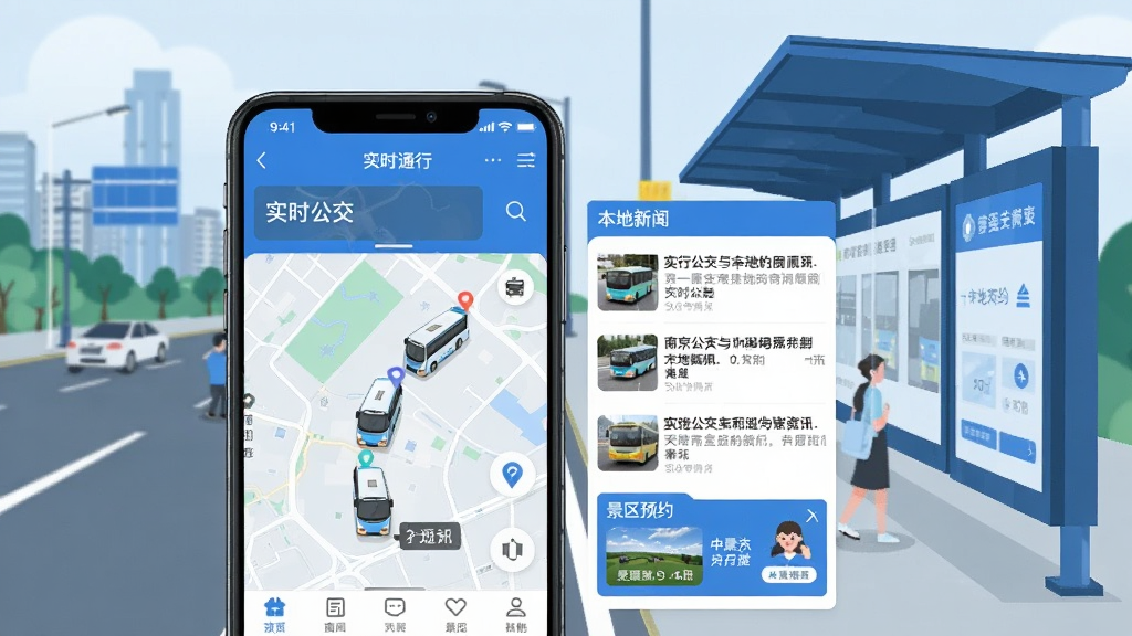 һ����ͨ��Appʵʱ�����뱾����Ѷ����չʾͼ�������������ֻ���Ļ����Ļ����ʾ��ͨ��App�ġ�ʵʱ������ҳ�棬��ͼ����ʾ��������λ�ú͵�վʱ�䣬�Ա��б��������б��;���ԤԼ��ڣ��������Ͼ����е�·�빫��վ̨����ɫ��Ϊ��ɫ���ɫ������ִ���ƽ�����ʸɾ��޶���Ԫ�ء�