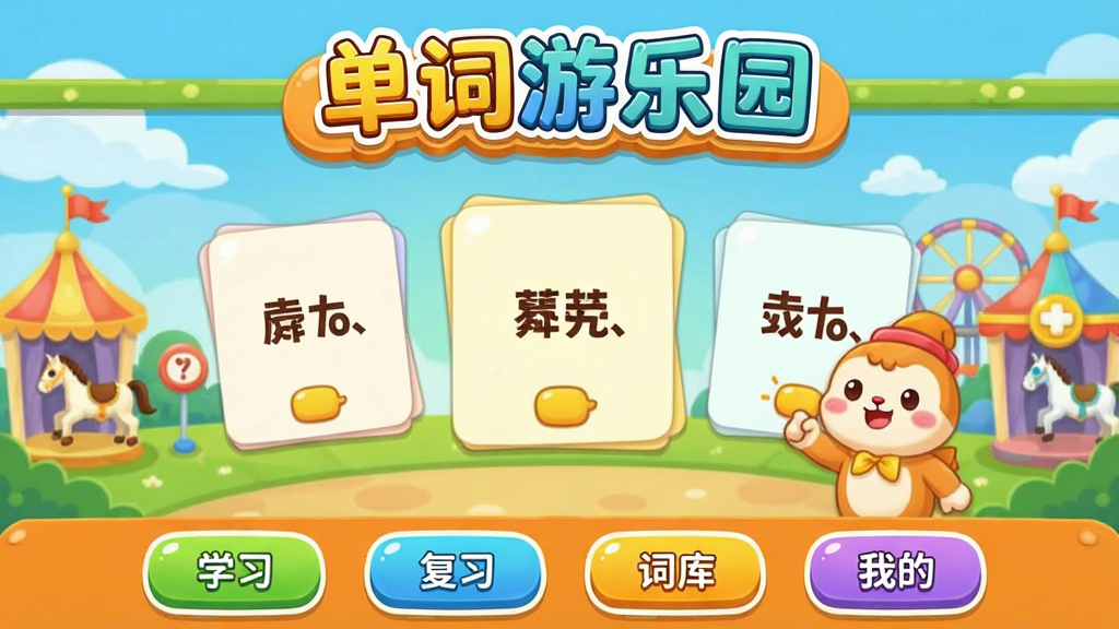 ��������԰����������ȫòչʾ������������һ��ɫ�����������԰��񵥴�ѧϰ���棬������ʾ����������԰���������м��е��ʿ�Ƭ�Ϳ�ͨ������ײ���ѧϰ����ϰ���ʿ⡢�ҵ��ĸ����ܰ�ť�����岼�������������ÿɰ������ʸɾ����޶���Ԫ��