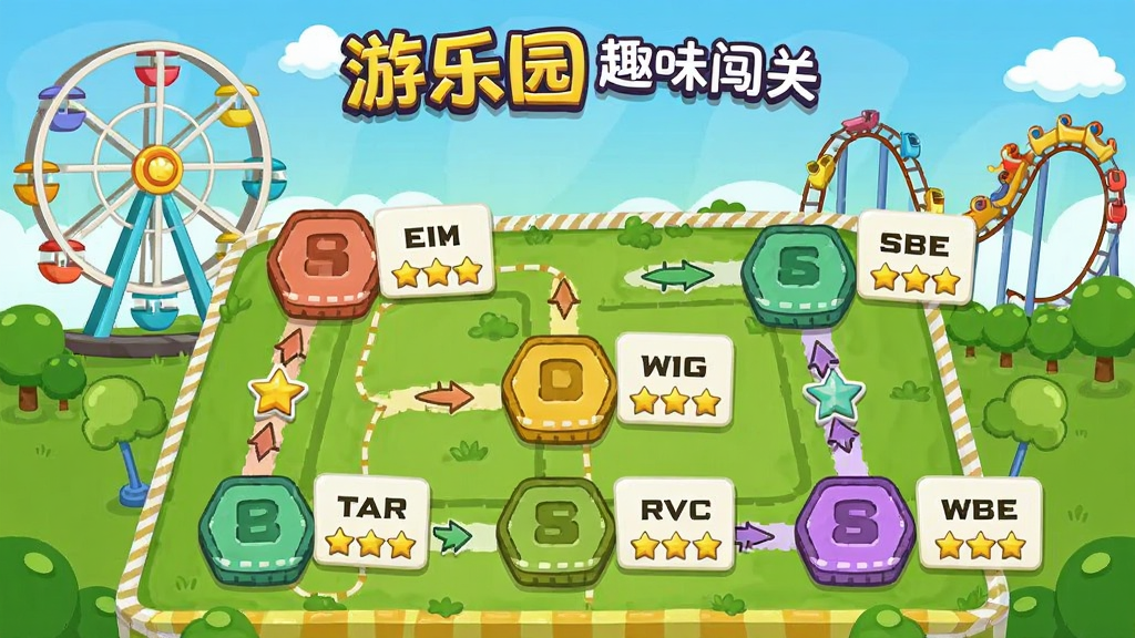 ��������԰Ȥζ���ؽ��棬��������һ����ͨ���Ĵ��ص�ͼ������ֲ��Ų�ͬ�ѶȵĹؿ��ڵ㣬ÿ���ڵ��Ա��е��ʿ�Ƭ���������֣�����������԰��������Ħ���ֺ͹�ɽ��Ԫ�أ������ã����ʸɾ����޶���Ԫ��