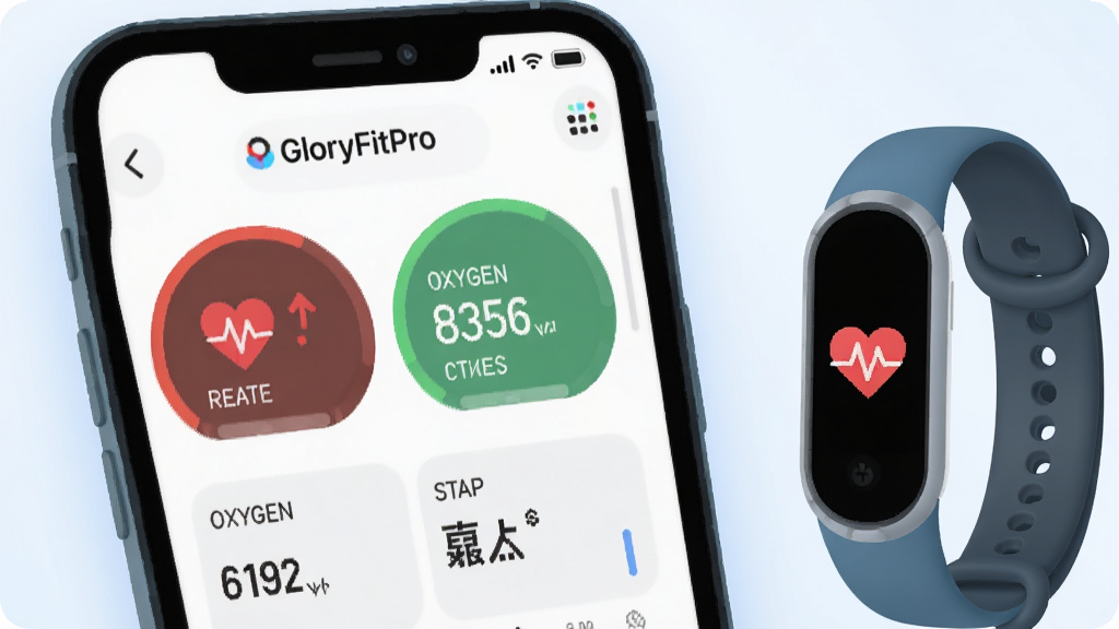һ��չʾGloryFitPro��������׷�ٹ��ܵ�ͼƬ��������һ���ֻ���Ļ��ʾ�����ʡ�Ѫ���������������Ǳ��̣��Աߴ���һ�������ֻ����ֻ���Ļ��Ҳͬ����ʾ������ͼ�꣬����Ϊ���İ�ɫ�͵���ɫ������ִ���ƽ��ϸ��Բ�󣬻��ʸɾ��������޶���Ԫ��
