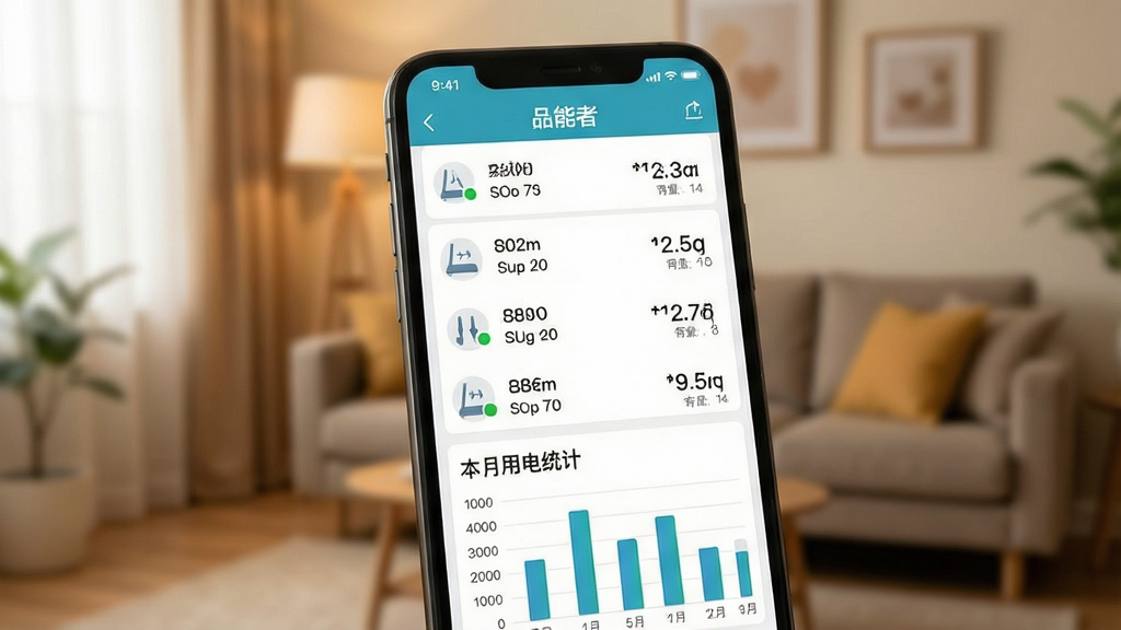 һ��չʾƷ����App�豸״̬ʵʱ�������ܵ�ͼƬ��������һ���ֻ���Ļ��ʾƷ����App���豸�б����棬ÿ���豸ͼ���Ա�����ɫ������״̬Բ�㣬�����豸��ʾʵʱ���ʺ��õ������ݣ������·��б����õ�ͳ�Ƶ���״ͼ���ֻ���������ܰ�ļҾӻ����黯ͼ����������ˣ����ʸɾ����޶���Ԫ��