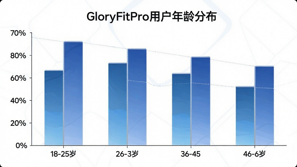 һ��չʾGloryFitPro�û�����ֲ�����״ͼ�������ע18-25�ꡢ26-35�ꡢ36-45�ꡢ46-60���ĸ�����Σ������ע�û�ռ�Ȱٷֱȣ���״ͼ��ɫΪ�������ɫϵ��ͼ������Ϊ��GloryFitPro�û�����ֲ���������Ϊ��ɫ�������רҵ�������������޶���Ԫ��