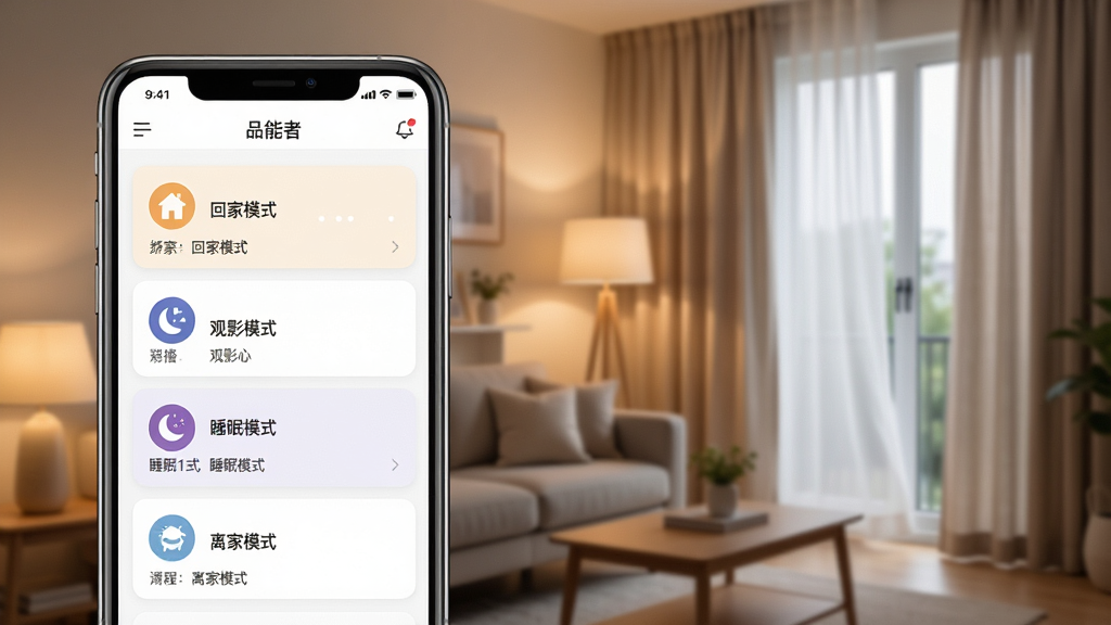 һ��չʾƷ����App���ܳ������ܵ�ͼƬ��������һ���ֻ���Ļ��ʾƷ����App�ĳ������ý��棬��Ļ�������Żؼ�ģʽ����Ӱģʽ��˯��ģʽ�����ģʽ�ȳ�����Ƭ��ÿ����Ƭ���ж�Ӧ��ͼ��ͼ�������������ֻ��Ա���һ����ܰ�Ŀ��������黯�������ƹ���ͣ������뿪�����������ִ������ʸ��壬�޶���Ԫ��