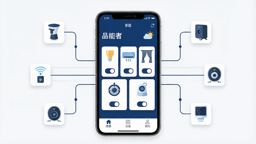 һ��չʾƷ����App����ȫò��ͼƬ������������һ�������ֻ����ֻ���Ļ����ʾ��Ʒ����App�������棬����������ɫ�Ͱ�ɫΪ��ɫ���������м�ͥ���ƺ�������Ϣ���м��Ǹ��������豸�Ŀ�Ƭʽ���֣������ƹ⡢�յ���������ɨ�ػ����˵�ͼ�꣬ÿ����Ƭ�·��п��ذ�ť���ײ��ǳ������豸���ҵ�����������ǩ���ֻ���ΧƯ����һЩ�����������Ÿ��������豸ͼ�꣬����ִ���ƽ���������ɾ���࣬���ʸ��壬�޶���Ԫ��