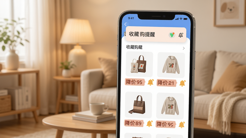 һ��չʾ���׹�App�ղ��뽵�����ѹ��ܵ�ͼƬ���ֻ���Ļ��ʾ�ղ��б���ÿ����Ʒ�·��н��۱�ǩ������ͼ�꣬������֪ͨ�������������ܰ�ļҾӻ����������ͣ����ʸɾ����޶���Ԫ��