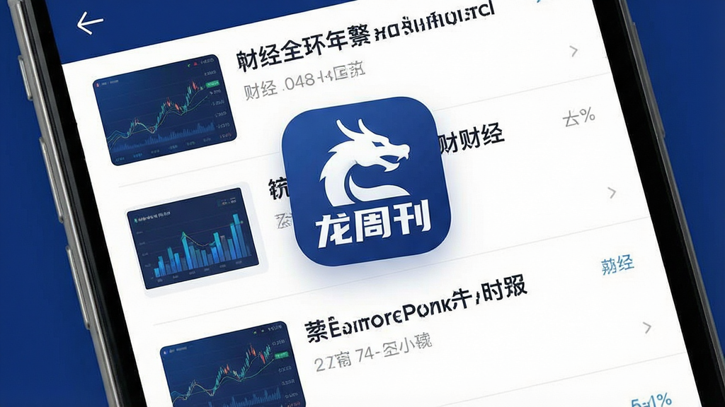 一张手机屏幕展示龙周刊APP的主界面,画面中央是APP图标和名称“龙周刊”,背景是简洁的资讯列表页面,有财经文章标题和缩略图,整体色调为深蓝和白色,风格现代扁平,主体突出,布局清晰,画质干净无多余元素