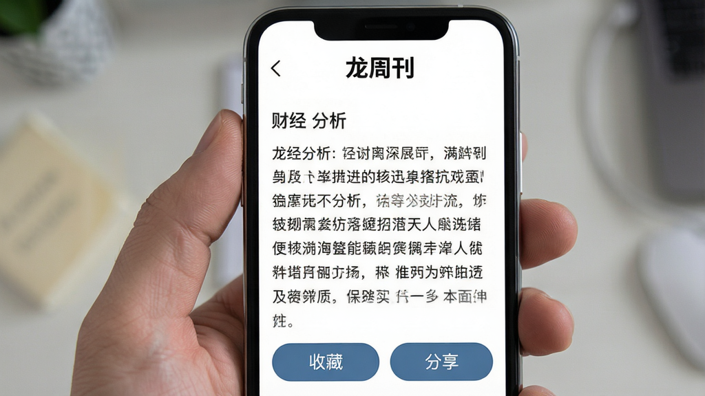 手机屏幕展示龙周刊APP的文章阅读界面,顶部有“龙周刊”字样,正文是财经分析文章,底部有收藏和分享按钮,界面以白色为主,文字清晰,排版舒适,风格简洁,画质干净无多余元素