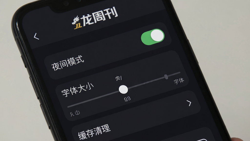 手机屏幕展示龙周刊APP的设置页面,有夜间模式开关、字体大小调节、缓存清理等选项,界面顶部有“龙周刊”标识,背景为深色模式,文字为浅色,风格简约,画质干净无多余元素