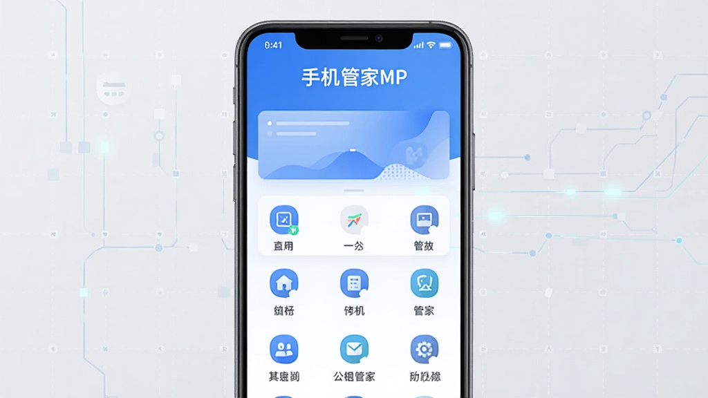 手机管家MP应用主界面展示图,画面中央是一部现代智能手机,屏幕显示手机管家MP的首页,顶部有手机管家MP的文字标识,界面以蓝白配色为主,干净简洁,背景是浅灰色的科技感网格,画面风格现代扁平,画质清晰干净,无多余元素