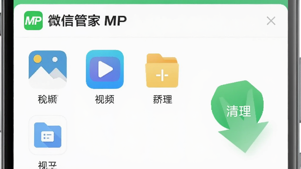 手机管家MP微信专清功能界面图,画面展示手机屏幕上的微信清理界面,有手机管家MP的标识,屏幕上显示着分类清晰的图片、视频、文件图标,旁边有一个绿色的清理箭头,背景干净明亮,风格现代扁平,画质清晰,无多余元素