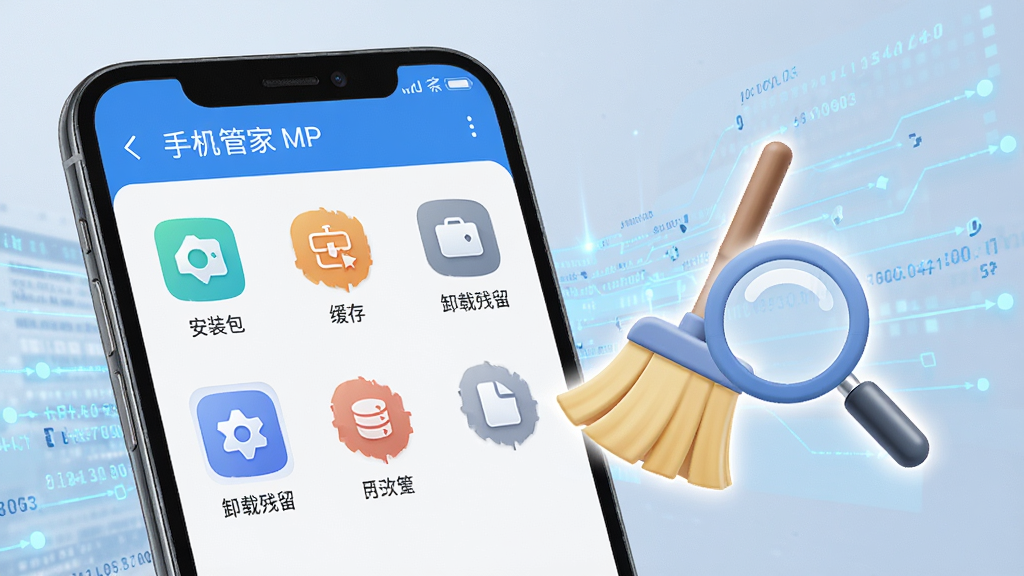 手机管家MP深度清理功能展示图,画面主体是一个手机屏幕特写,屏幕上显示着手机管家MP的深度清理界面,有各种分类图标如安装包、缓存、卸载残留等,旁边有一个虚拟的扫把和放大镜组合成的图标,背景是干净的数据流线条,风格科技简洁,画质清晰,无多余元素