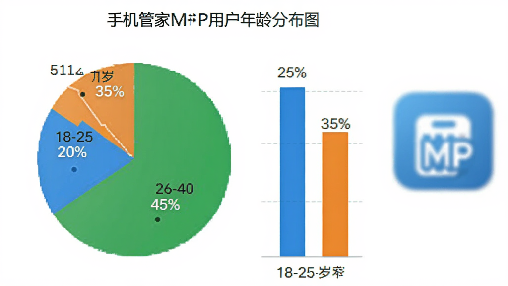 手机管家MP用户年龄分布图,画面是一个清晰的饼状图或柱状图,图表显示18-25岁占比20%,26-40岁占比45%,41-60岁占比35%,图表配色使用蓝色、绿色、橙色区分,背景是干净的白色,图表旁边有手机管家MP的图标,风格简洁商务,画质清晰,无多余元素