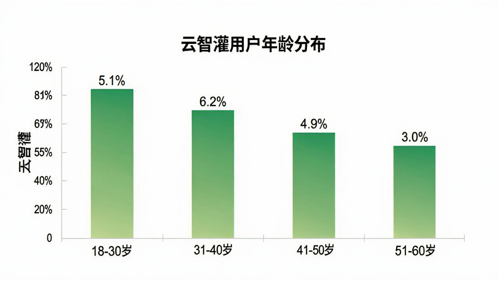 云智灌用户年龄分布柱状图,图表标题为“云智灌用户年龄分布”,横轴是年龄段18-30岁、31-40岁、41-50岁、51-60岁,纵轴是用户占比百分比,柱状图颜色为绿色渐变,每个柱子上方标注具体百分比数值,背景简洁白色,风格商务数据可视化,画质干净清晰,图片中文字包含“云智灌”