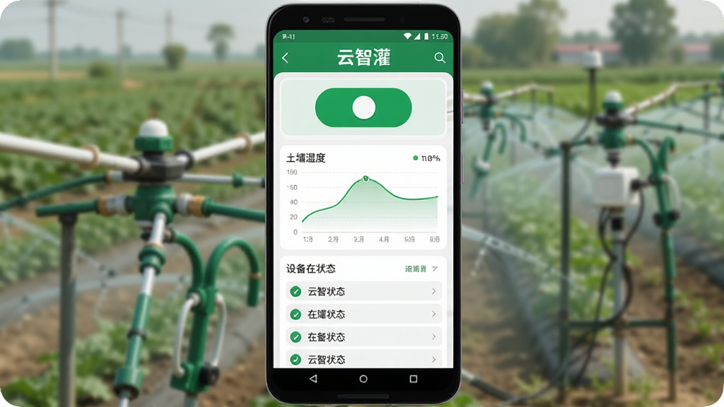 一张展示云智灌APP核心界面的手机样机图,画面中央是一部安卓手机,屏幕上显示云智灌的主控制面板,面板上有绿色的灌溉开关按钮、土壤湿度曲线图、设备在线状态列表,背景是虚化的农田和智能灌溉设备,整体布局清晰,风格现代扁平化,色彩以绿色和白色为主,细节圆润,画质干净无多余元素,图片中文字包含“云智灌”