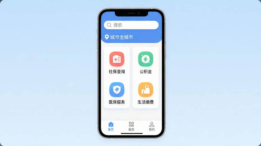 政务助手App手机界面展示,画面中央是一部竖屏手机,屏幕上显示政务助手App首页,顶部有搜索框和城市定位,中间整齐排列社保查询、公积金、医保服务、生活缴费四个功能图标,底部为首页、服务、我的三个导航标签,背景为浅蓝色渐变,整体风格简洁清爽,扁平化设计,细节圆润,画质干净无多余元素