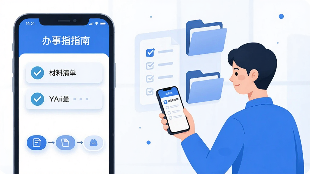 政务助手智能办事指引功能展示,画面左侧是一部手机,屏幕上显示办事指南页面,有材料清单打勾图标和流程步骤条,右侧是一位用户正在查看手机,旁边有虚拟的清单和文件夹元素,整体风格清新明快,蓝白主色调,扁平化设计,文字清晰,画质干净无多余元素