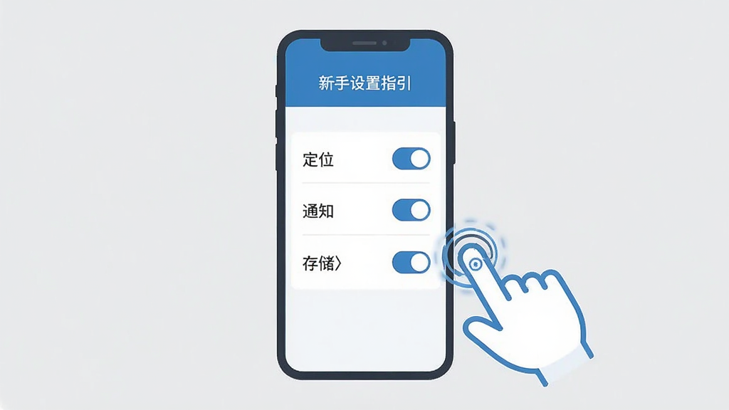 政务助手新手操作指引示意图,画面中央是一部手机,屏幕上显示权限设置页面,有定位、通知、存储三个权限开关,旁边有手指点击的示意,背景为浅灰色,整体风格简洁明了,蓝白配色,扁平化设计,文字清晰,画质干净无多余元素