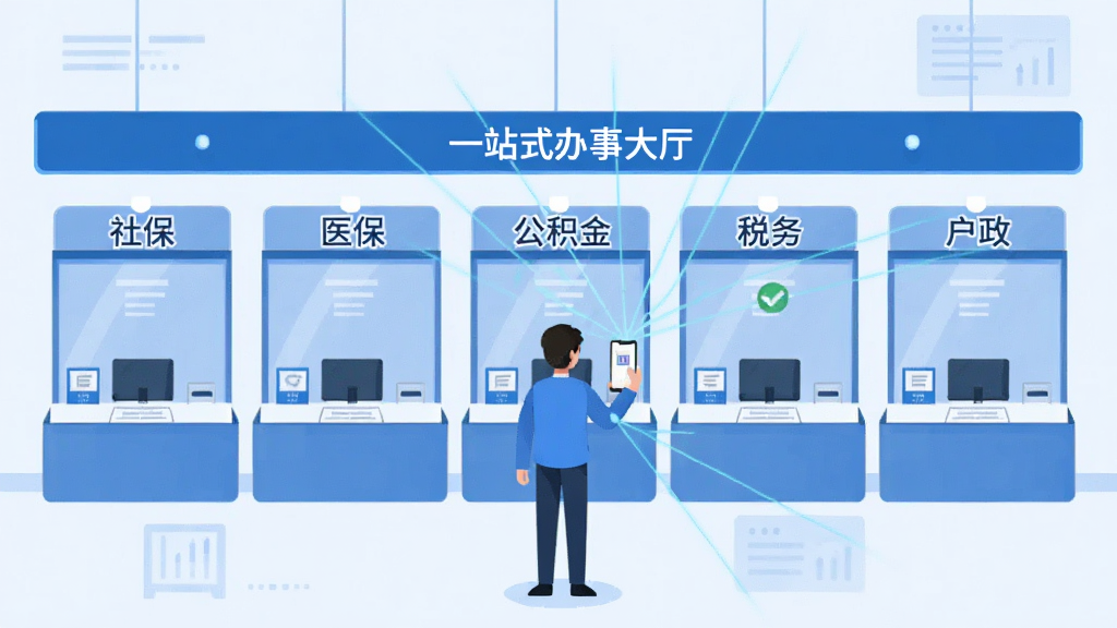 政务助手一站式办事大厅概念图,画面中央是一个虚拟的政务大厅场景,多个服务窗口整齐排列,每个窗口上方分别标注社保、医保、公积金、税务、户政等文字,一位用户站在大厅中央手持手机操作,手机屏幕与大厅背景之间有光线连接,整体风格现代简洁,蓝白配色,扁平插画风,细节清晰,画质干净无多余元素