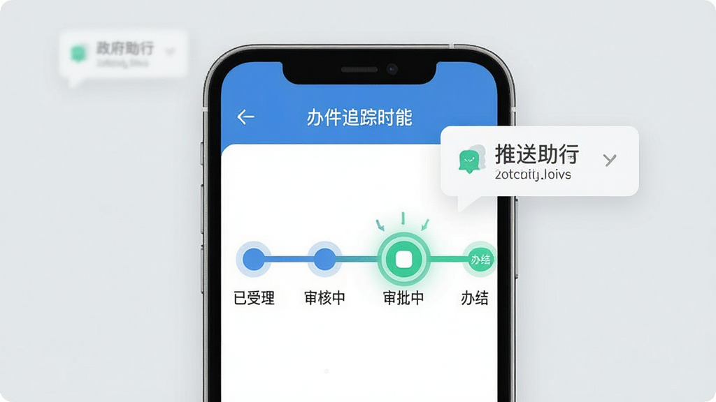 政务助手进度追踪功能界面,画面中央是一部手机,屏幕显示办件进度时间轴,节点分别标注已受理、审核中、审批中、办结,当前节点高亮显示,旁边有推送通知气泡,背景为浅灰色,整体风格现代简约,蓝绿配色,扁平化设计,细节清晰,画质干净无多余元素