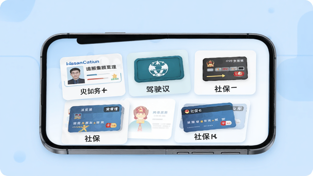 政务助手电子证照管理界面,画面中央是一部手机,屏幕上展示多张电子证照卡片,包括身份证、驾驶证、社保卡,卡片整齐排列,每张卡片上有对应的图标和文字标签,背景为浅蓝色,整体风格简洁现代,扁平化设计,细节圆润,画质干净无多余元素