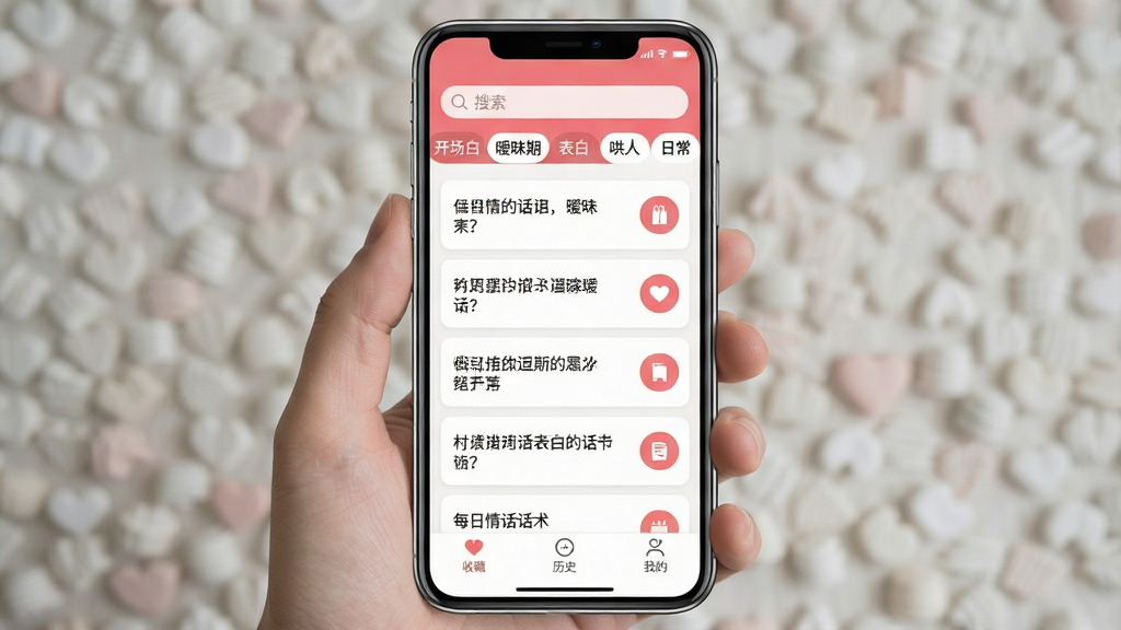 һ���ֻ�Ӧ�ý����ͼ�����������ǡ�ÿ���黰������APP����ҳ��������ʾ������ͷ����ǩ�硰�����ס��������ڡ������ס������ˡ����ճ������м��ǿ�Ƭʽ�Ļ����б���ÿ�ſ�Ƭ�м�����ֺ͸��ư�ť���ײ����ղء���ʷ���ҵ�����ѡ���������ɫ��ů��ɫ�Ͱ�ɫΪ���������ܰ��࣬����ɾ��޹�棬�����������޶���Ԫ��