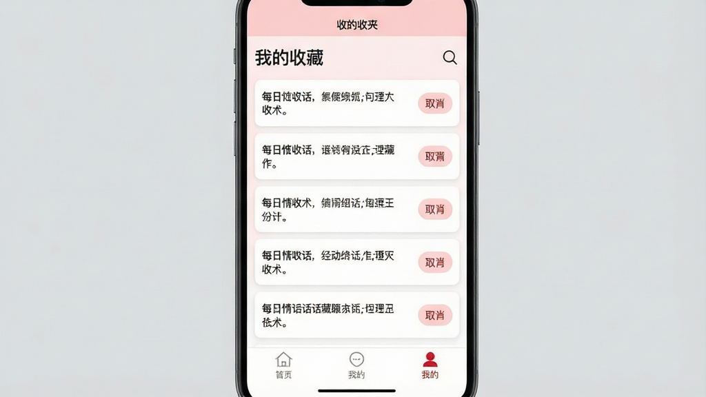 һ���ֻ�Ӧ�ý�ͼ��չʾ��ÿ���黰������APP���ղؼ�ҳ�棬�������⡰�ҵ��ղء����·����������еĻ�����Ƭ��ÿ�ſ�Ƭ���������ݺ�ȡ���ղذ�ť�����Ͻ�������ͼ�꣬�ײ��������������ҵġ�ѡ��������࣬��ɫ�԰�ɫ��ǳ��ɫΪ�����Ű����������ʸɾ����޶���Ԫ��