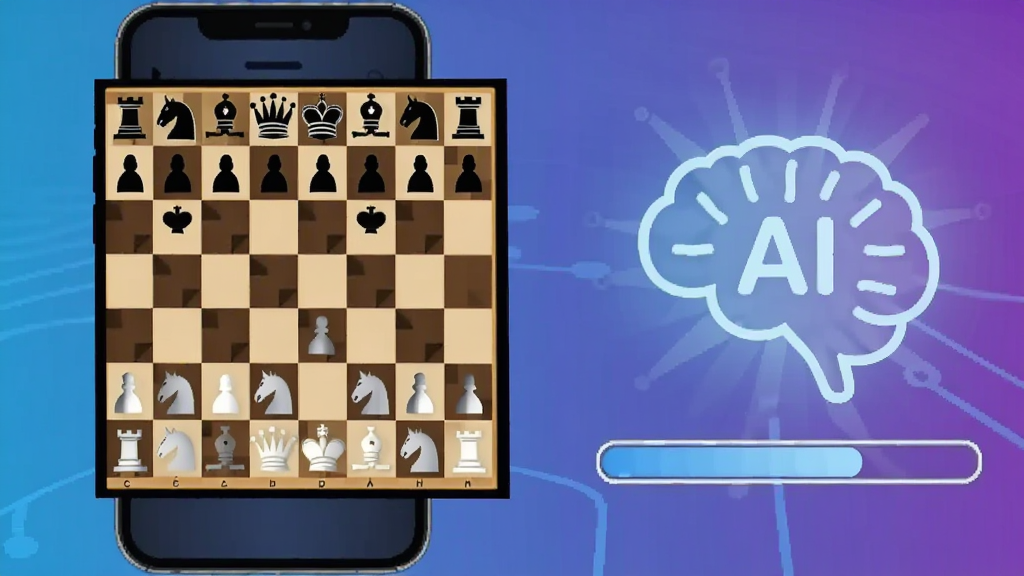 一张展示象棋AI对弈的图片,画面左侧是手机屏幕显示棋盘,右侧浮现出发光的AI大脑图标和思考中的进度条,背景是科技感蓝紫渐变,风格现代扁平,画质干净无多余元素