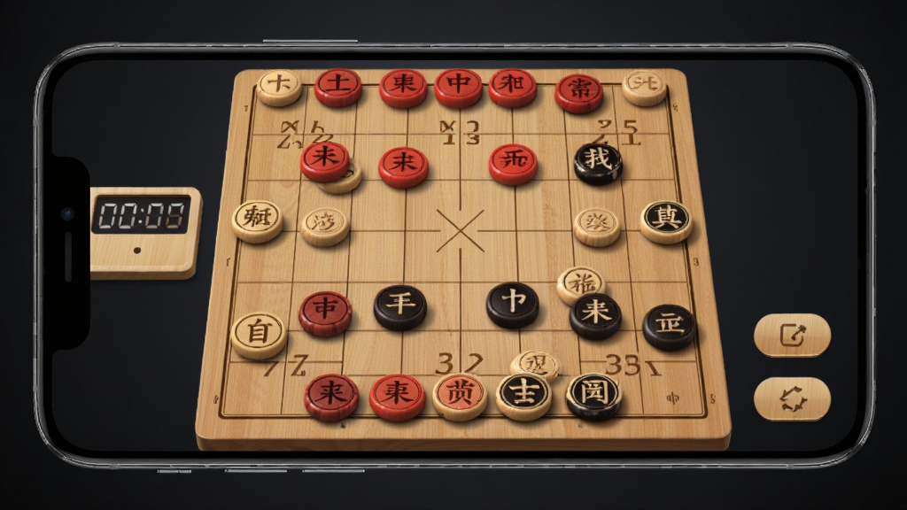 一张手机屏幕显示中国象棋对弈界面的图片,画面中央是木质纹理的棋盘,红黑棋子排列整齐,棋盘旁边有计时器和功能按钮,背景是简洁的深色渐变,风格写实,画质清晰干净,无多余元素