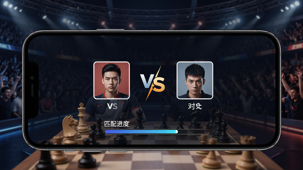 一张展示象棋真人对战匹配界面的图片,画面中手机屏幕显示两个玩家头像和VS标志,下方是匹配进度条,背景是竞技场风格的深色背景,风格动感现代,画质干净无多余元素