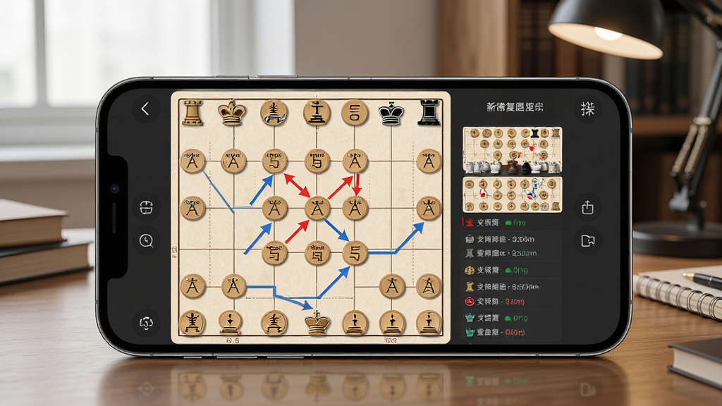 一张展示象棋棋谱复盘界面的图片,画面中手机屏幕显示棋盘和棋谱记录列表,棋盘上有红蓝箭头标注走棋路线,背景是书房风格木质桌面,风格简洁专业,画质清晰干净