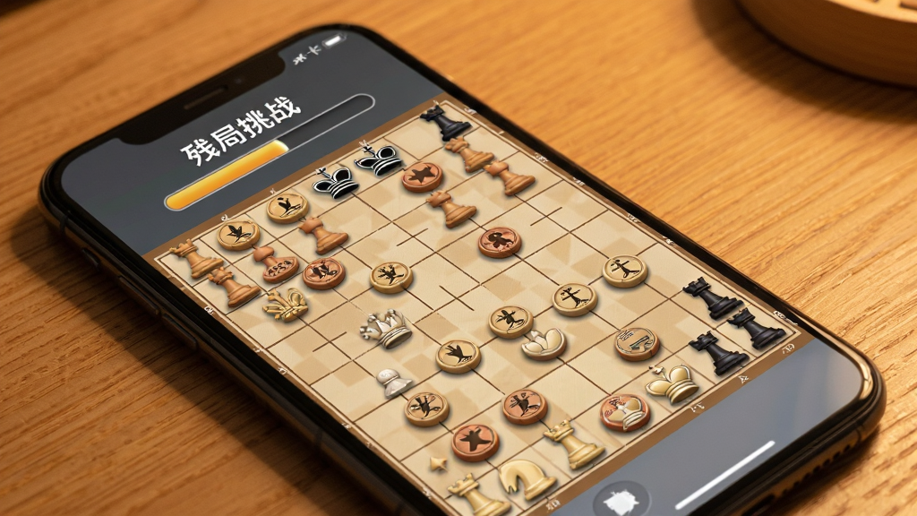 一张展示象棋残局挑战界面的图片,画面中手机屏幕显示棋盘上残局棋子分布,屏幕上方有“残局挑战”文字和关卡进度条,背景是暖色调木质桌面,风格温馨写实,画质清晰干净