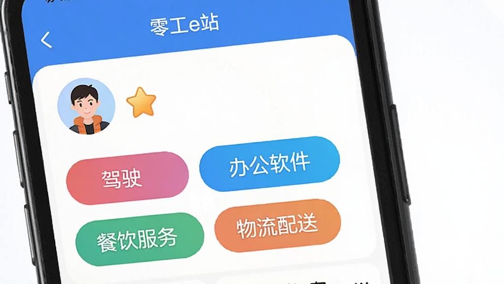 �㹤eվApp�ļ��ܱ�ǩѡ����棬��Ļ����ʾ����ʻ�����칫���������������񡱡��������͡��Ȳ�ɫ��ǩ���û�ͷ���Ա��������Ƽ���С����ͼ�꣬������ˬ��������ɫ�����ʸɾ��޶���Ԫ��