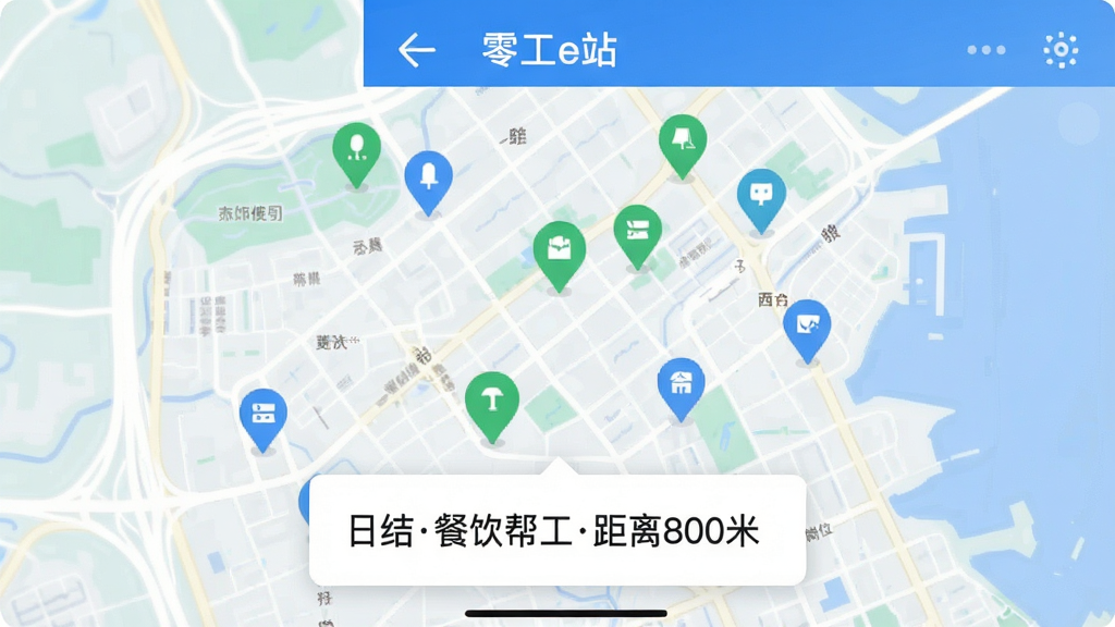 �㹤eվApp�ĸ�����λ�б�ҳ�棬��ͼ��ɢ���Ŷ����ɫ����ɫ�ĸ�λ��ǵ㣬�ײ�������Ƭ��ʾ���ս�����﹤����800�ס����������ִ���ƽ��������ɫ�������ֱ�ǩ���������ʸɾ��޶���Ԫ��