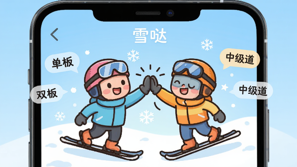 һ��չʾ��ѩ�ա�App����ƥ�书�ܵĽ���ͼ���������ֻ���Ļ��ʾ��ƥ��ɹ��Ķ�����������ͨ��ѩС�˻��ƣ���Χ������ѩ���͡����塱����˫�塱�����м������ȱ�ǩ�������Ǽ���ǳ��ɫ���䣬�����ÿɰ��������������ɾ��޶���Ԫ��